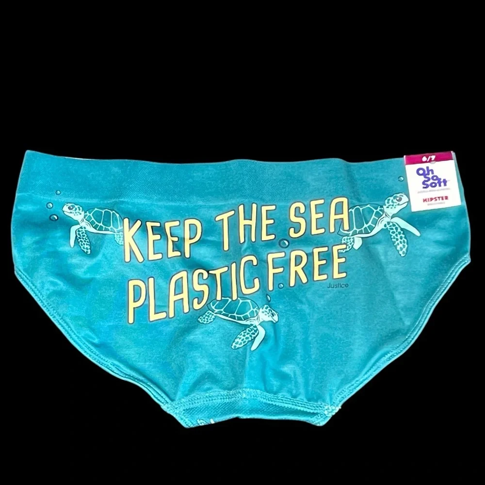 Justice Girls Hipster Underwear Size 6/7 Green Sea Turtle Keep Sea Plastic Free